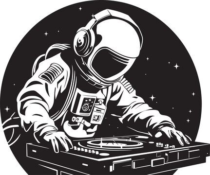 Starry Spin Vector Logo with Astronaut DJ Icon for Celestial Beats Cosmic Crescendo DJ Astronaut Vector Graphics for Galactic Jams