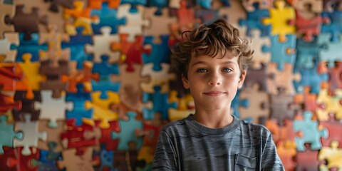 A young boy with autism standing in front of a wall of puzzle pieces. Concept Photography, Autism, Puzzle pieces, Portrait, Childhood