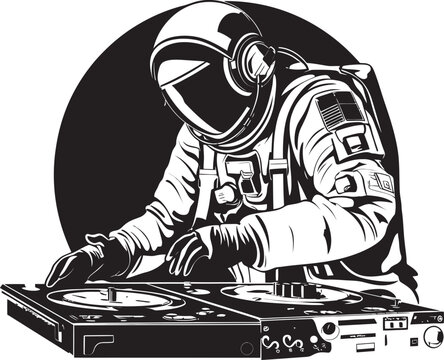 Space Groove Vector Logo with DJ Astronaut Icon for Interstellar Beats Nebula Nights DJ Astronaut Vector Design for Celestial Jams