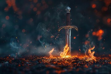 Sword of Grace and Peace Flaming Fantasy Blade Stuck in Ground with Wind Blowing Fire, Medieval Illustration - obrazy, fototapety, plakaty