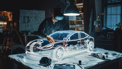 A man wearing an AR headset is standing over a holographic blueprint of a car, working on it with his hands. The design looks like concept art for electric cars - obrazy, fototapety, plakaty