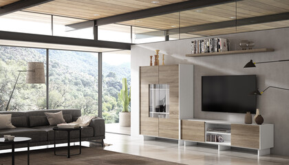 Modern living room interior design with minimalist trend furniture, vintage style, augmented reality, mockup,