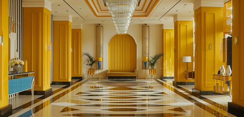 Art Deco-inspired foyer, bold mustard yellow columns, geometric patterns, and a dazzling chandelier.