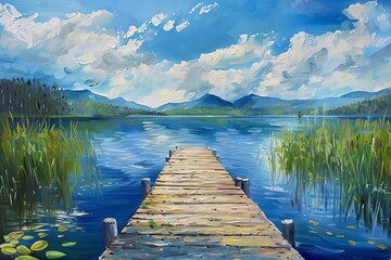 Tranquil Lake Pier A Peaceful Escape in Nature, Oil Painting - obrazy, fototapety, plakaty