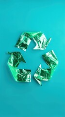A recycling symbol made out of green foil, symbolizing eco-friendly practices in recycling