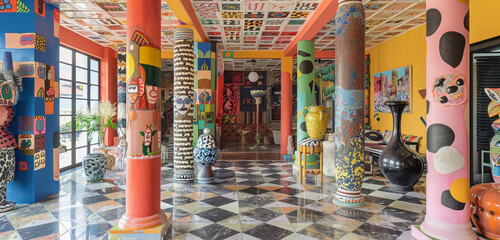 Eclectic foyer design with mismatched colorful columns, a patchwork tile floor, and an array of...
