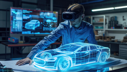 A person wearing AR glasses is standing over a holographic car model on the table. The scene includes blueprints and design tools around them - obrazy, fototapety, plakaty