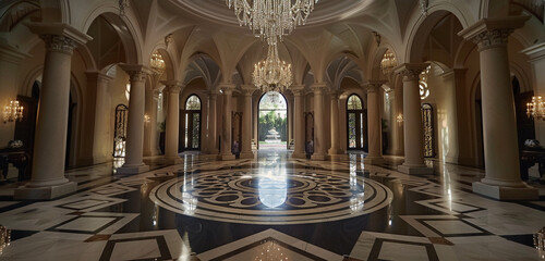 Grand entrance hall featuring brushed silver columns in arches, a circular mosaic floor, and a...