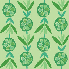 vector, vertical seamless geometric simple floral pattern of small green flowers and leaves on apple green background. Perfect for clothes, bedding, dining, home decor.