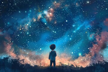 Fototapeta na wymiar Wide-Eyed Child Gazing at Starry Night Sky, Dreamy Wonder and Curiosity Concept Illustration