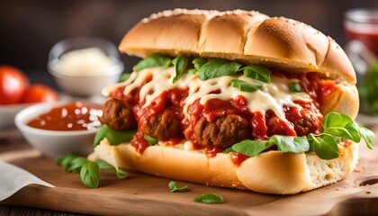 meatball sub sandwich with cheese and marinara tomato sauce. american italian fast food
 - obrazy, fototapety, plakaty