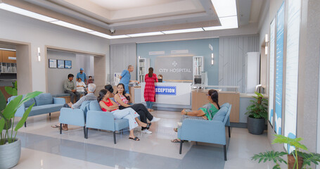 Establishing Shot of Indian Patients Waiting in Reception Hall in a Hospital. Active Local Health...