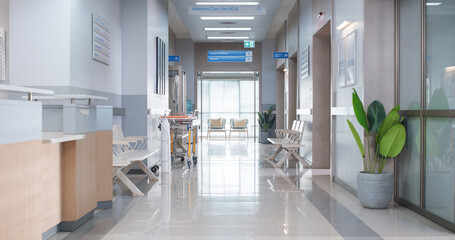 Empty Hospital Reception Hall During the Day. Modern Clinic with Advanced Equipment, Best Medical...