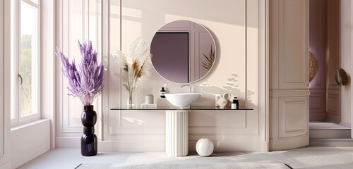 Modern chic entryway with asymmetrical lavender columns, a mirrored console table, and sculptural...