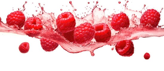 An image showcasing a detailed view of a splash of water adorned with ripe raspberries