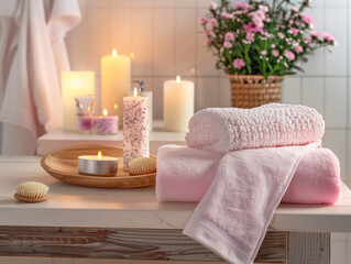 Fototapeta na wymiar Elegant bathroom in pastel tones with vivid, luxurious towels and candles to promote relaxation