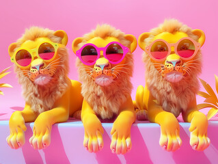 Engaging 3D lions adorned with colorful, playful sunglasses, exuding joy and cuteness, on a pure backdrop