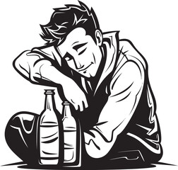 Alcoholic Affection Drunken Mans Fondness for Booze in Vector Graphics IntoxiHug Drunken Man Clutching to Alcohol in Vector Logo
