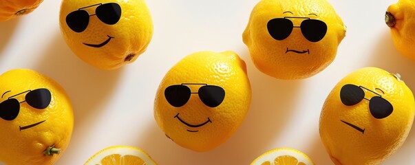 lemons with sunglasses, reflecting a fun, summer vibe, appropriate for vibrant advertising campaigns or thematic decorative artwork.