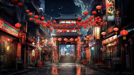 Fototapeta premium digitally rendered scene of a decorated entrance to Nagasaki's Chinatown, ideal for cultural themes or as inspiration for digital art projects.