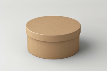 An isometric view of a round brown kraft paper box mockup on grey background