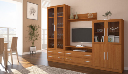 Modern living room interior design with minimalist trend furniture, vintage style, augmented reality, mockup,