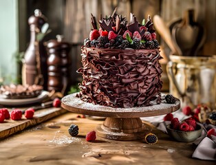 Chocolate Cake with Raspberries on Top - 764730595