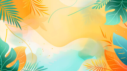 Fototapeta na wymiar summer abstract background in yellow-blue tones with leaves, tropical plants Vacation Poster design copy space