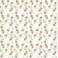 Seamless pattern with garden watering can, yellow, red and white tulips, garden buckets, flowerpots and garden tools. Hand-drawn watercolor illustration. 