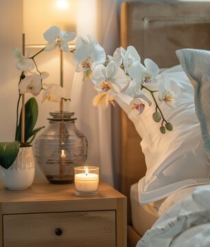 A beautiful white orchid flower on the bedside table in a hotel room. Modern bedroom with a clean bed.