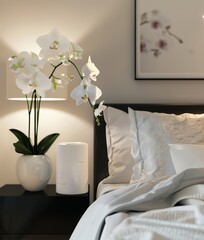 A beautiful white orchid flower on the bedside table in a hotel room. Modern bedroom with a clean bed.