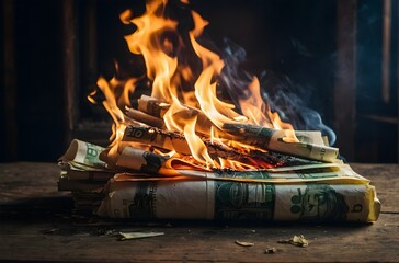 Flames Consume a Stack of  Currency in an Eerie Display of Financial Loss
