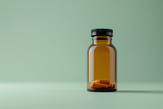 a brown jar with pills on a light green background