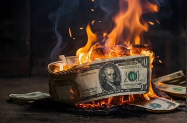 Flames Consume a Stack of  Currency in an Eerie Display of Financial Loss - obrazy, fototapety, plakaty