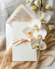 Wedding invitation, greeting card with white orchids and envelope