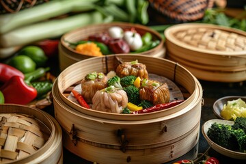 Chinese steamed dumpling dim sum in bamboo basket on table