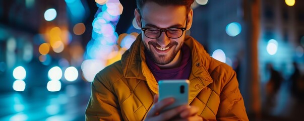  Young man wearing glasses using a smart phone with blurred night city background banner