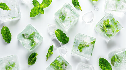 ice cubes with mint leaves on a white background
