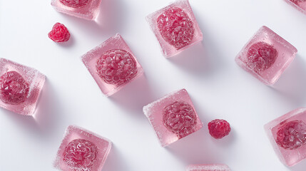 raspberry berries in ice cubes on a white background