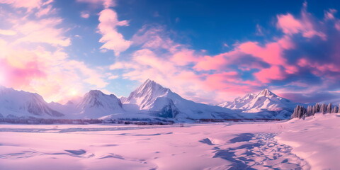 winter wonderland with a panoramic view of snow-capped mountains and a sky painted in shades of...