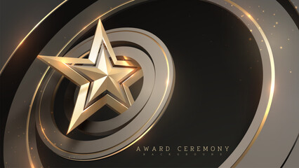 Golden star trophy on an elegant black circular podium with warm light and bokeh. Luxury award ceremony background.