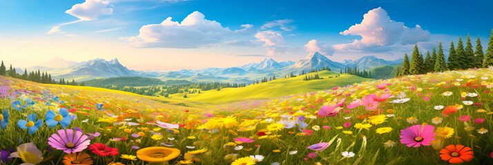 Vibrant meadow filled with an array of wildflowers, creating a cheerful and colorful springtime backdrop. - obrazy, fototapety, plakaty