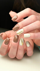 Female Hand With Square Nail Gel Polish Manicure Cream Brown Graphic Design 
