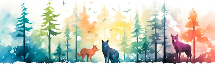 watercolor seamless patterns with wolf in forest animal silhouettes .