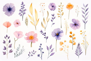 watercolor flowers and plants, perfect for greeting cards or invitations.