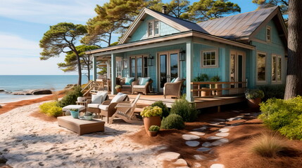 Fototapeta premium cottage residential exterior with weathered shingles, a wraparound porch, and beach-inspired decor.