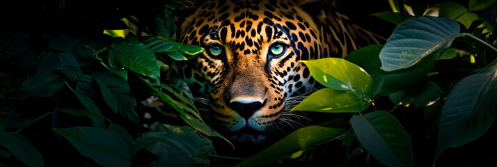 jaguar concealed amidst the dense foliage of the Amazon rainforest, carefully observing its prey from the shadows. - obrazy, fototapety, plakaty