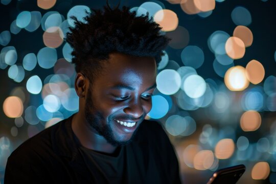 Smiling young black man using a smart phone at night in the city with blurred bokeh lights in the background