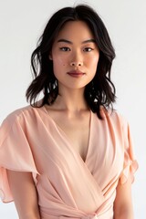 Portrait of a pretty young woman super model of Japanese ethnicity showcasing a timeless peach wrap dress with a plunging neckline, flutter sleeves, and a tie waist