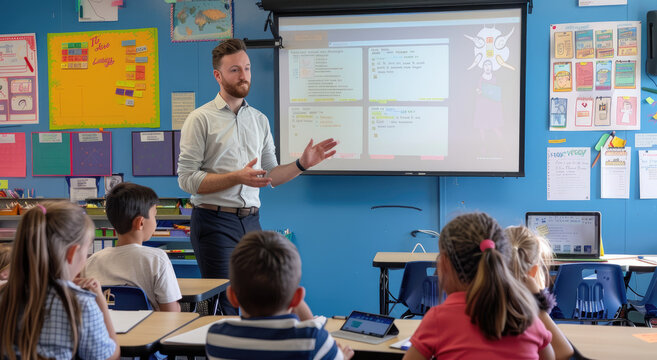 A teacher is standing in front of the whiteboard, teaching students sitting at desks. The classroom has blue walls and several posters on them